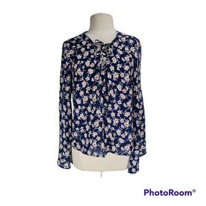 LUSH Women Size L Blue Floral Basic Tunic Blouse Tie Crew Neck Long Bell SLV A0P